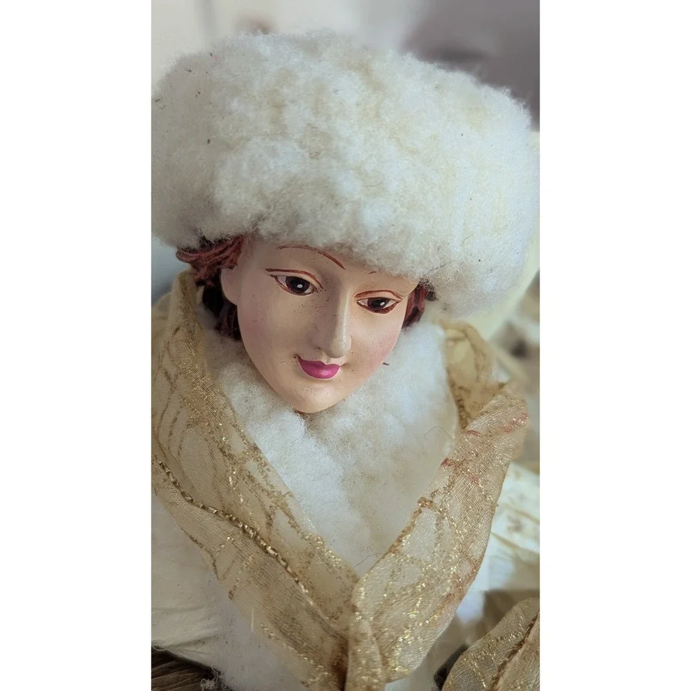 Vintage Style Porcelain Angel Christmas Tree Topper Gold Cream Faux Fur 15 Inch